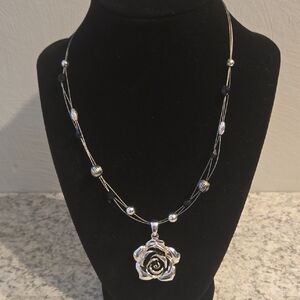 Silver and Black Rose Necklace
